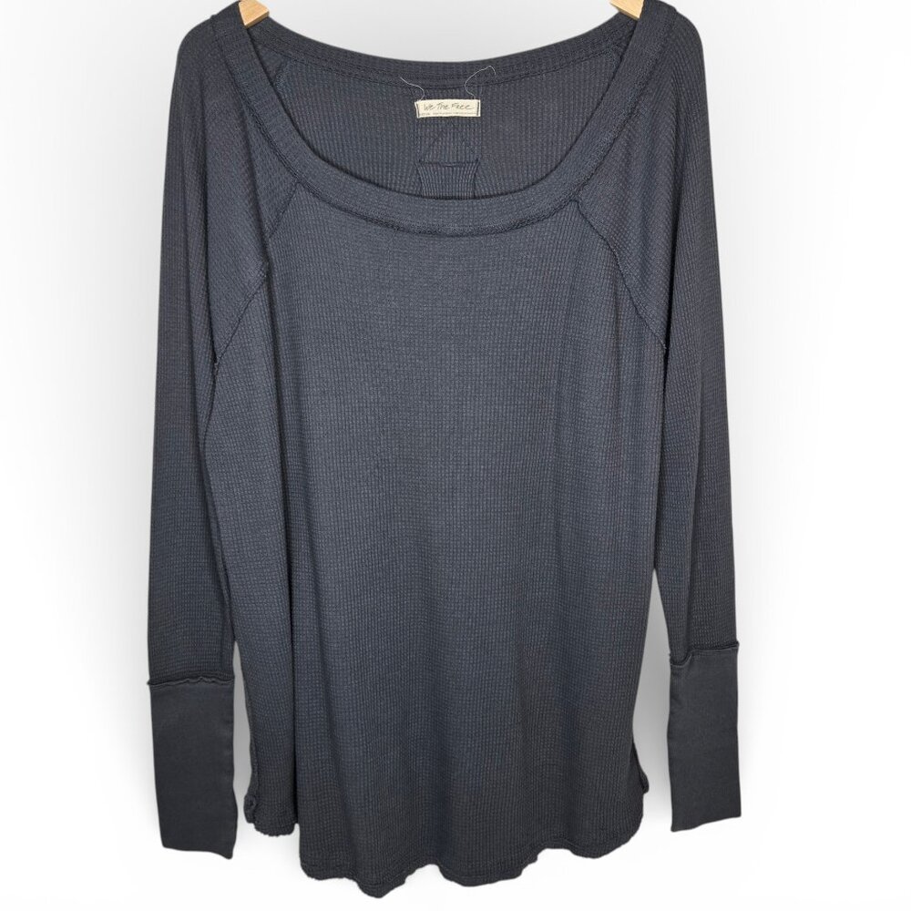 Free People We The Free Snowy Thermal Top Women Grey Waffle Knit Split Hem M